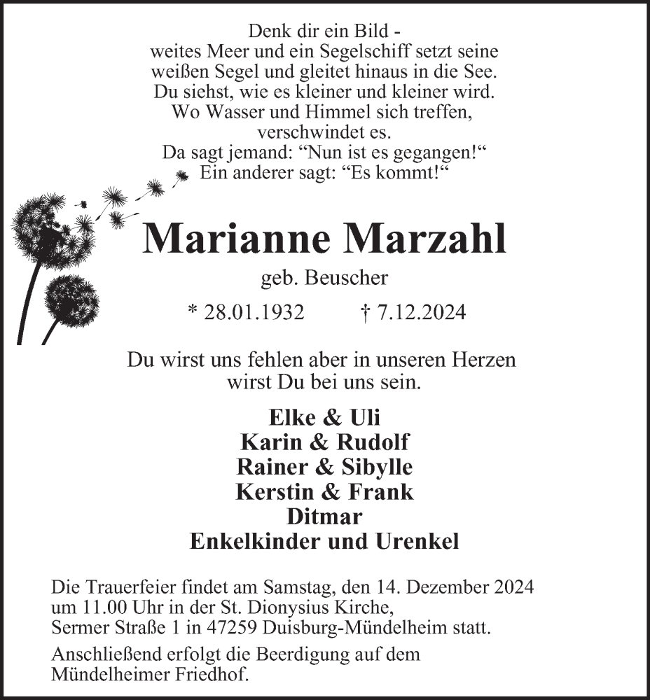  Traueranzeige für Marianne Marzahl vom 11.12.2024 aus Tageszeitung