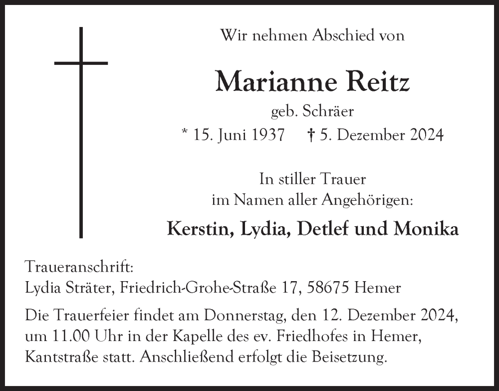  Traueranzeige für Marianne Reitz vom 11.12.2024 aus Tageszeitung