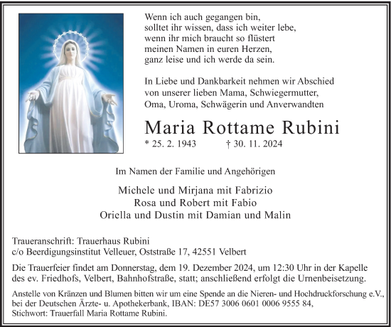 Traueranzeige von Maria Rottame Rubini von Tageszeitung