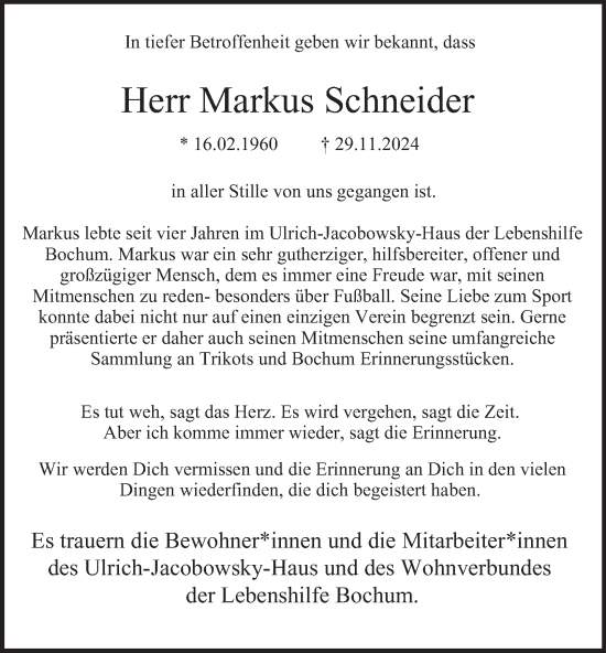 Traueranzeige von Markus Schneider von Tageszeitung