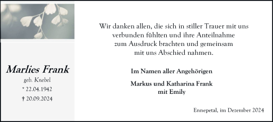 Traueranzeige von Marlies Frank von Tageszeitung