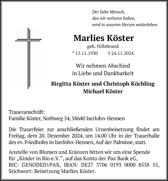 Traueranzeige von Marlies Köster von Tageszeitung