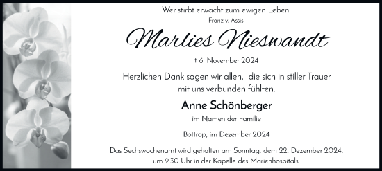 Traueranzeige von Marlies Nieswandt von Tageszeitung