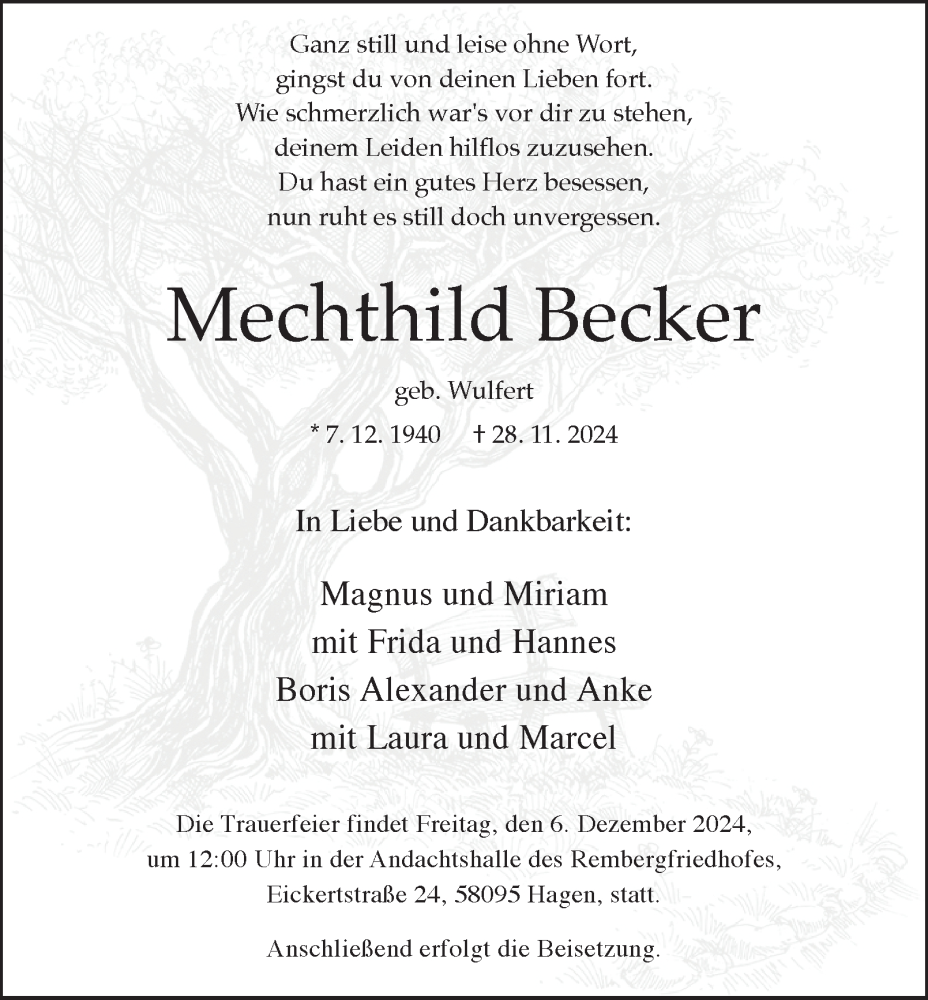  Traueranzeige für Mechthild Becker vom 04.12.2024 aus Tageszeitung