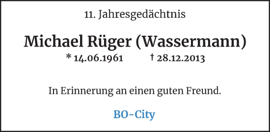 Traueranzeige von Michael Rüger von Tageszeitung