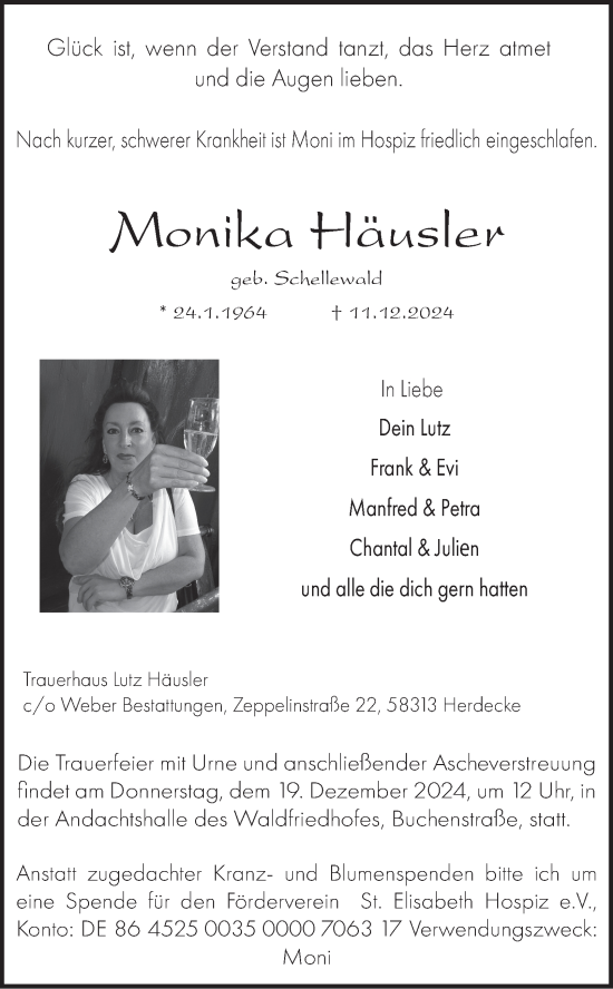 Traueranzeige von Monika Häusler von Tageszeitung