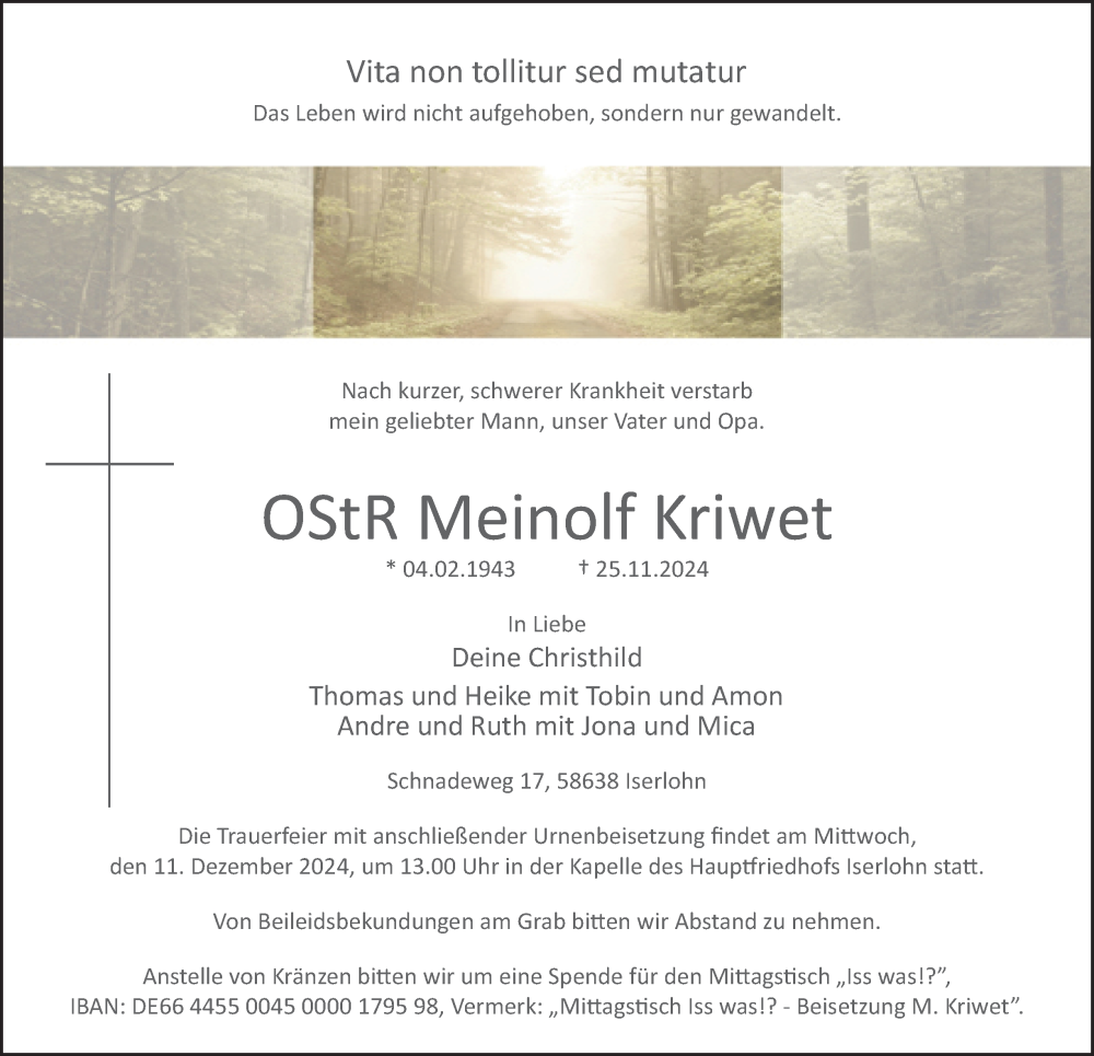  Traueranzeige für OStR Meinolf Kriwet vom 07.12.2024 aus Tageszeitung