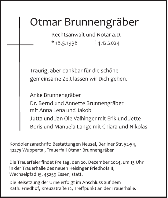 Traueranzeige von Otmar Brunnengräber von Tageszeitung