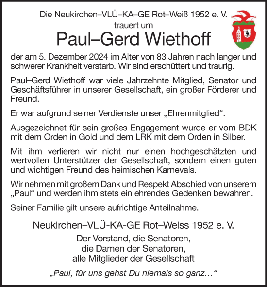 Traueranzeige von Paul-Gerd Wiethoff von Tageszeitung
