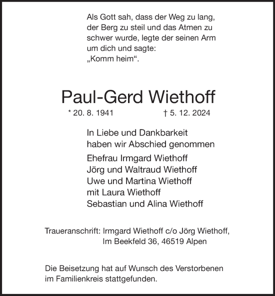 Traueranzeige von Paul-Gerd Wiethoff von Tageszeitung