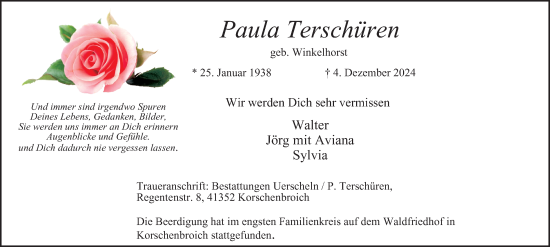 Traueranzeige von Paula Terschüren von Tageszeitung