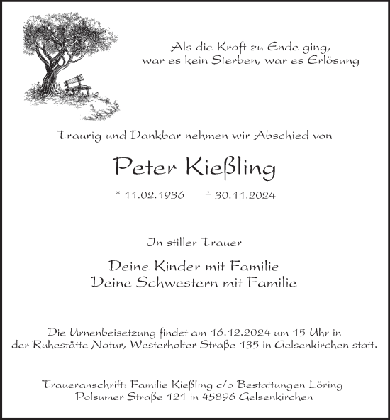 Traueranzeige von Peter Kießling von Tageszeitung