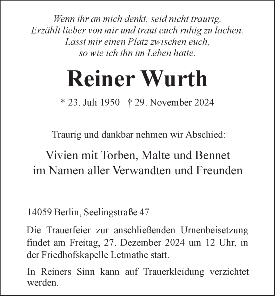 Traueranzeige von Reiner Wurth von Tageszeitung