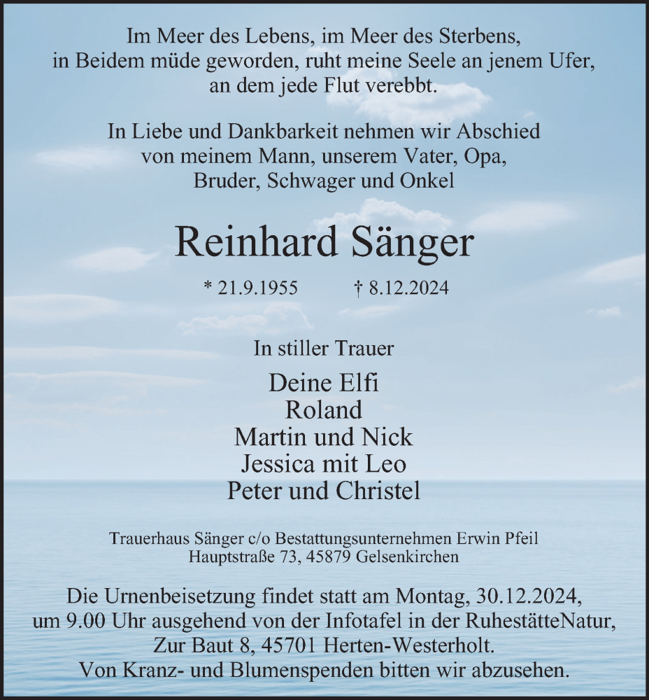  Traueranzeige für Reinhard Sänger vom 21.12.2024 aus Tageszeitung