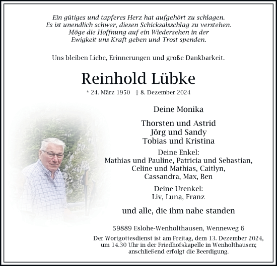 Traueranzeige von Reinhold Lübke von Tageszeitung