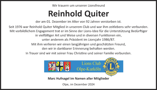 Traueranzeige von Reinhold Quiter von Tageszeitung
