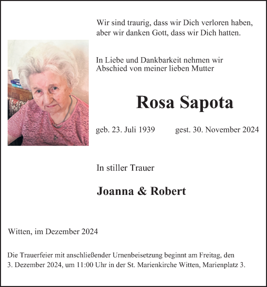 Traueranzeige von Rosa Sapota von Tageszeitung