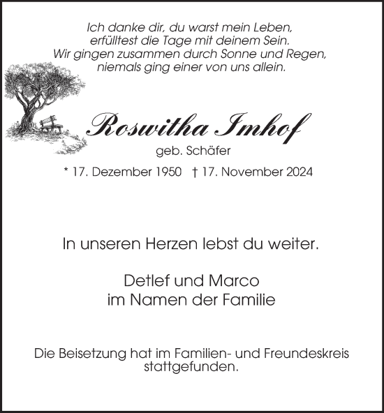 Traueranzeige von Roswitha Imhof von Tageszeitung