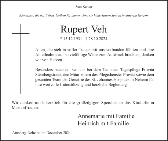Traueranzeige von Rupert Veh von Tageszeitung