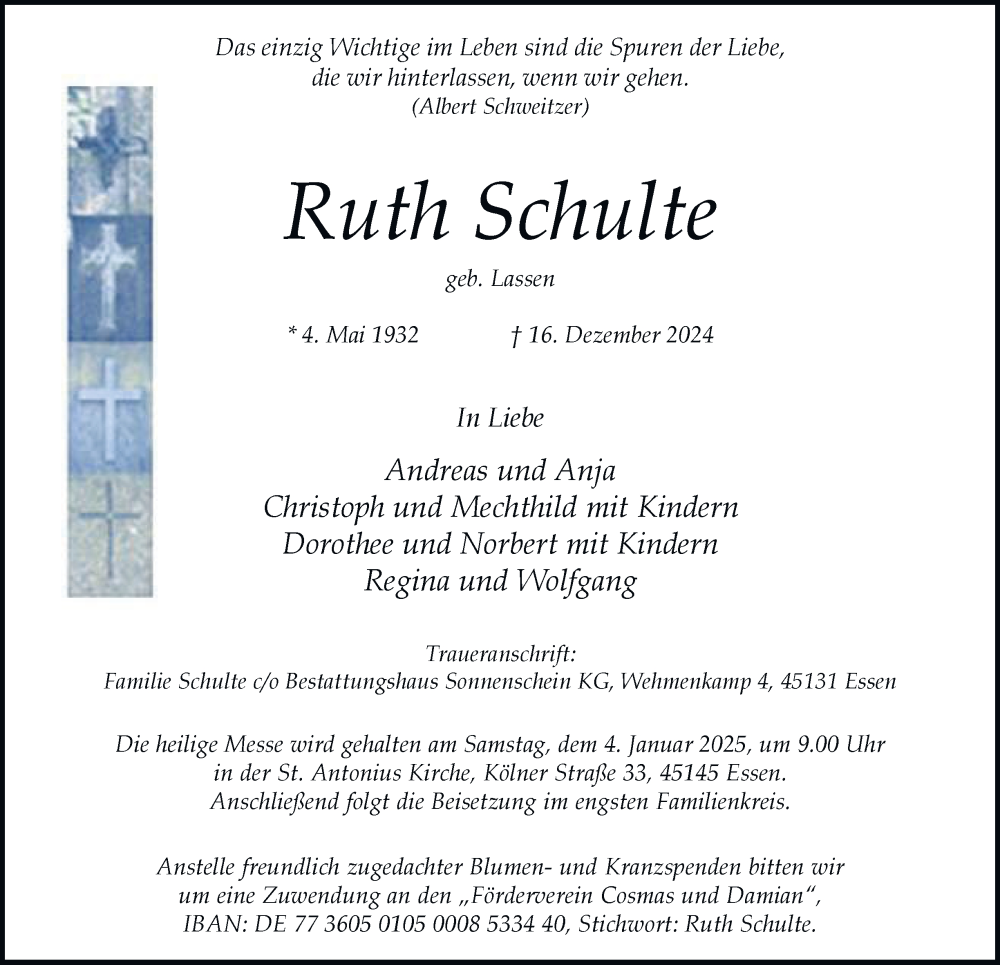  Traueranzeige für Ruth Schulte vom 28.12.2024 aus Tageszeitung