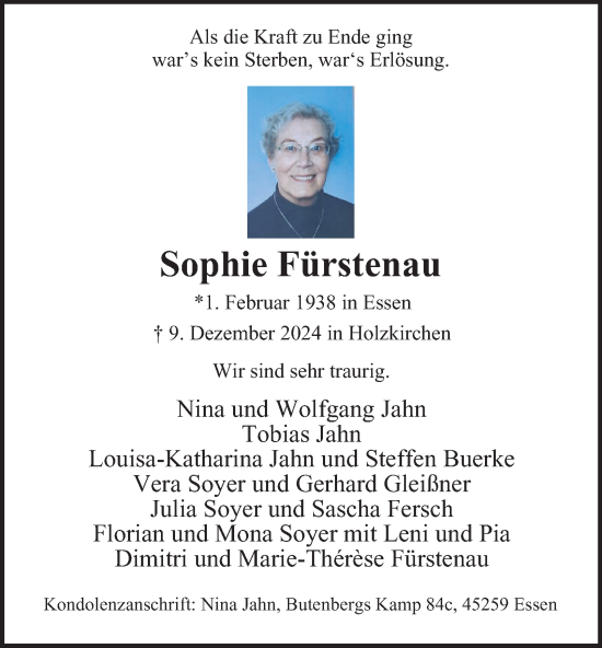 Traueranzeige von Sophie Fürstenau von Tageszeitung