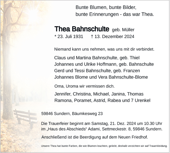 Traueranzeige von Thea Bahnschulte von Tageszeitung