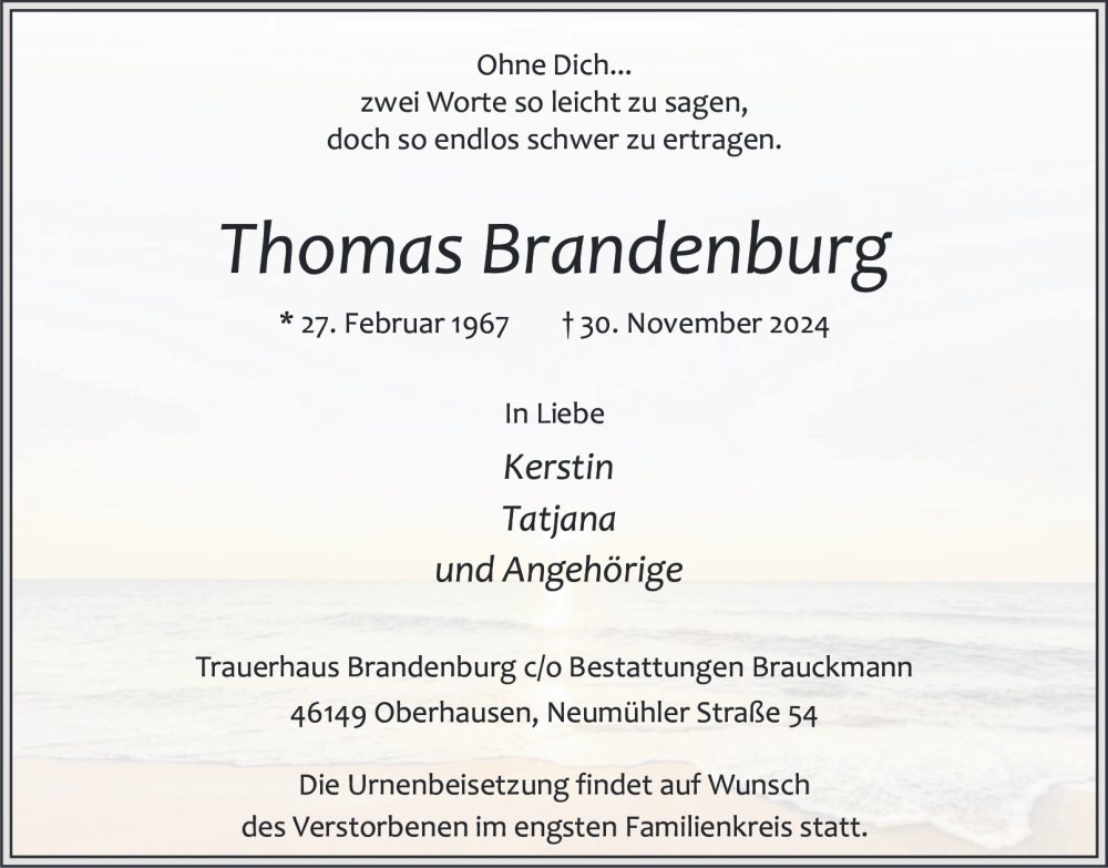  Traueranzeige für Thomas Brandenburg vom 07.12.2024 aus Tageszeitung