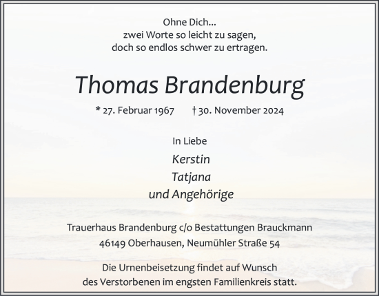 Traueranzeige von Thomas Brandenburg von Tageszeitung