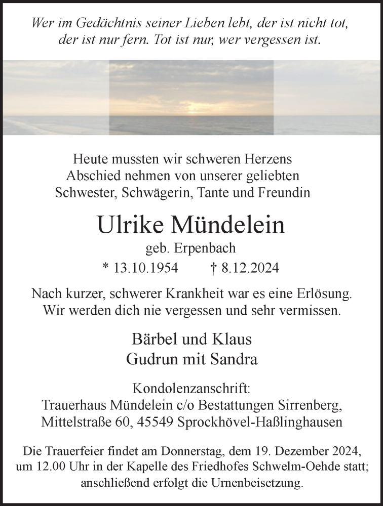  Traueranzeige für Ulrike Mündelein vom 14.12.2024 aus Tageszeitung