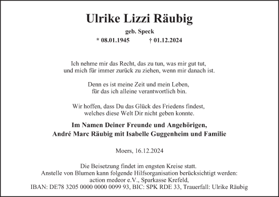 Traueranzeige von Ulrike  Räubig von Tageszeitung
