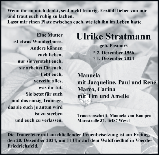 Traueranzeige von Ulrike Stratmann von Tageszeitung