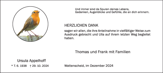 Traueranzeige von Ursula Appelhoff von Tageszeitung