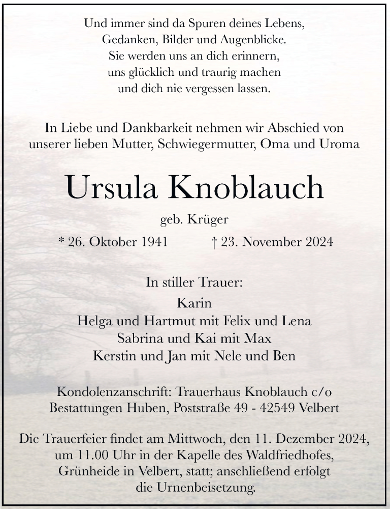  Traueranzeige für Ursula Knoblauch vom 07.12.2024 aus Tageszeitung