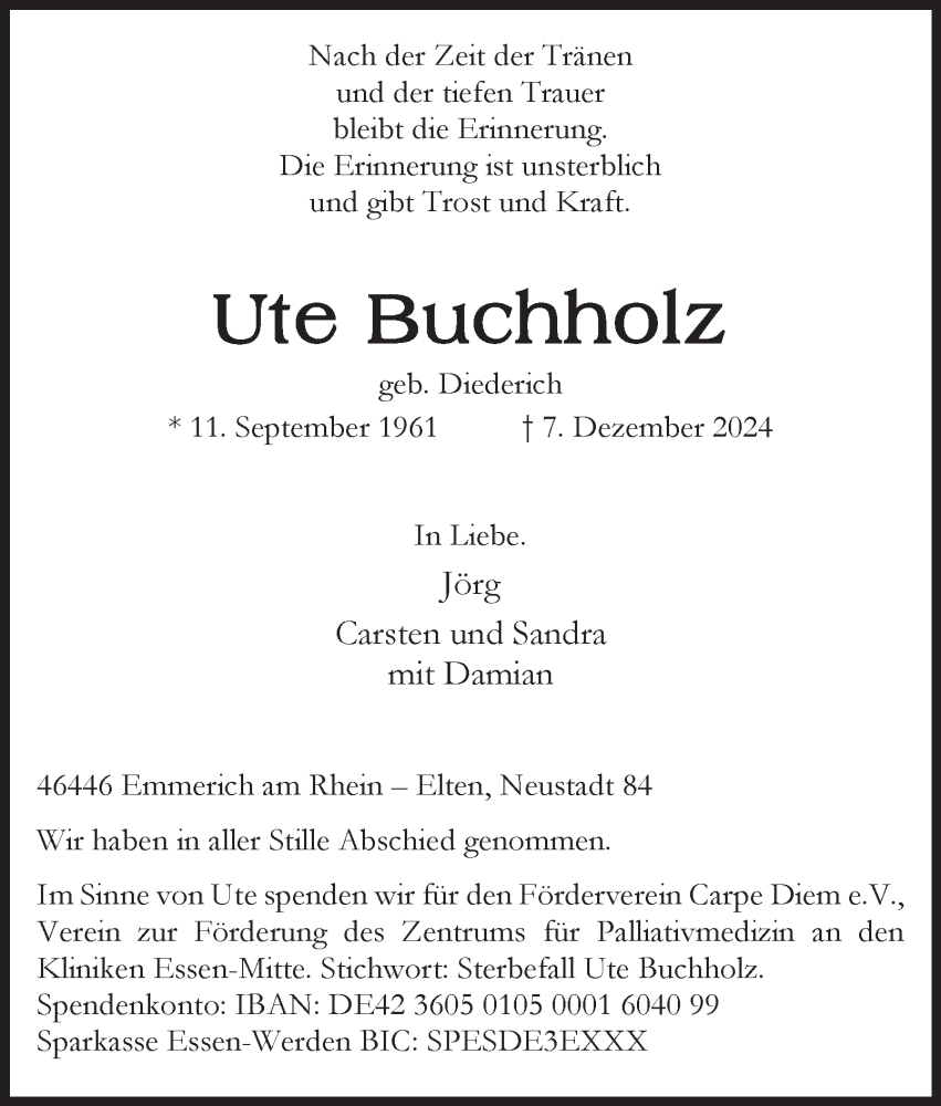  Traueranzeige für Ute Buchholz vom 28.12.2024 aus Tageszeitung