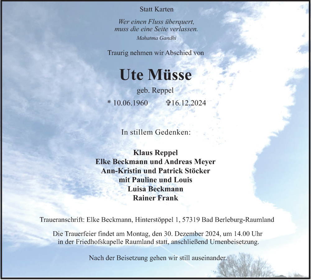  Traueranzeige für Ute Müsse vom 21.12.2024 aus Tageszeitung