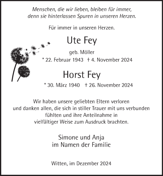 Traueranzeige von Ute und Horst Fey von Tageszeitung