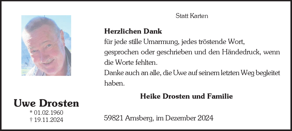  Traueranzeige für Uwe Drosten vom 28.12.2024 aus Tageszeitung