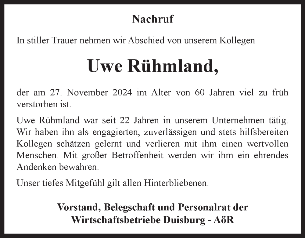  Traueranzeige für Uwe Rühmland vom 14.12.2024 aus Tageszeitung