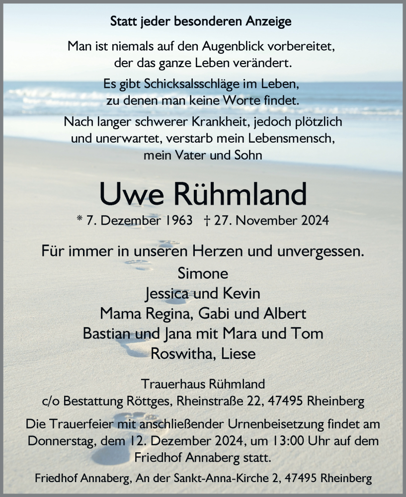  Traueranzeige für Uwe Rühmland vom 07.12.2024 aus Tageszeitung