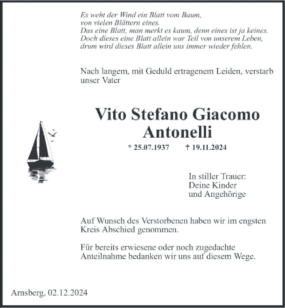  Traueranzeige für Vito Stefano Giacomo Antonelli vom 14.12.2024 aus Tageszeitung