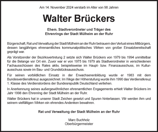 Traueranzeige von Walter Brückers von Tageszeitung