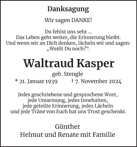 Traueranzeige von Waltraud Kasper von Tageszeitung