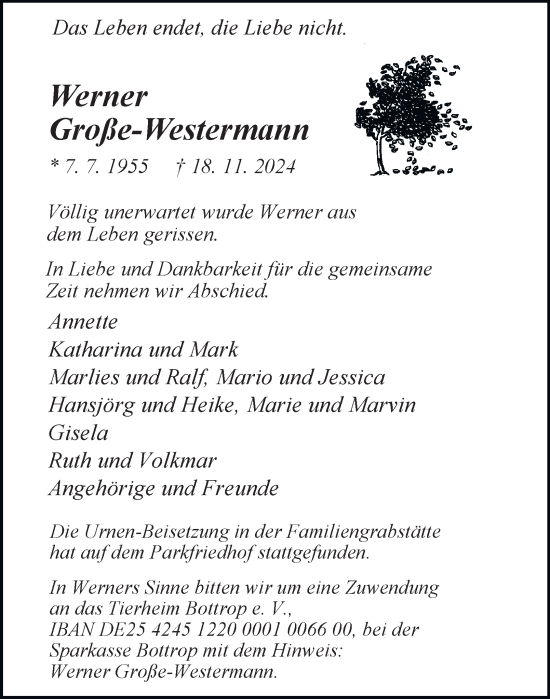 Traueranzeige von Werner Große-Westermann von Tageszeitung