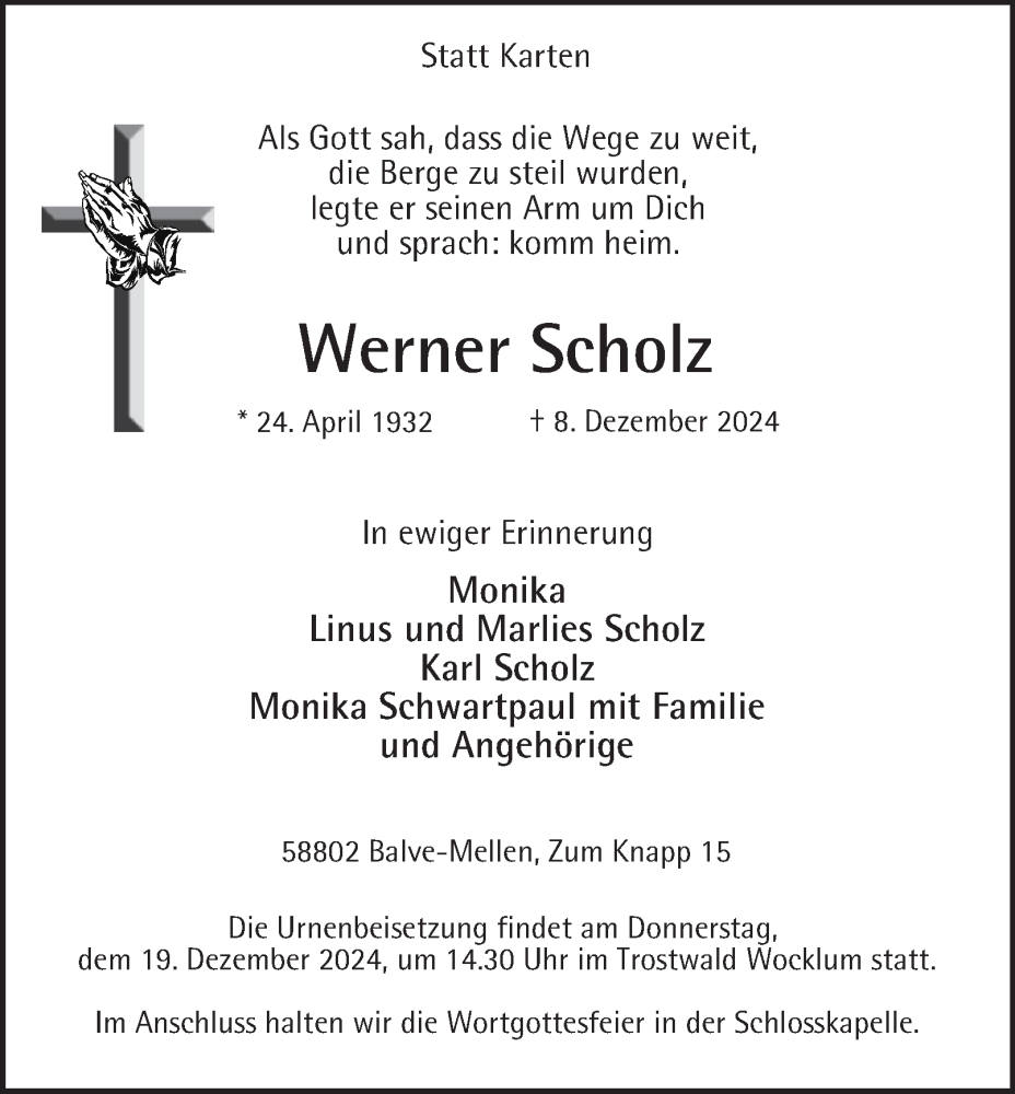  Traueranzeige für Werner Scholz vom 14.12.2024 aus Tageszeitung