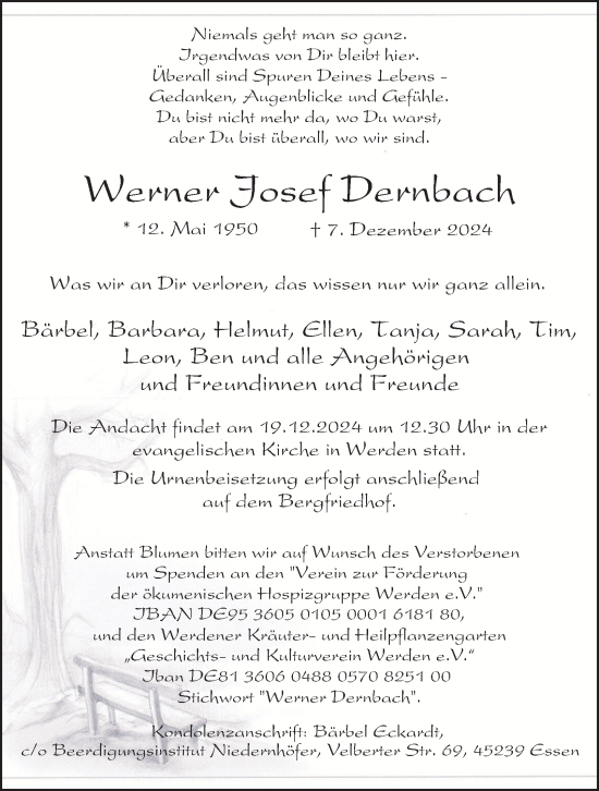 Traueranzeige von Werner Josef Dernbach von Tageszeitung