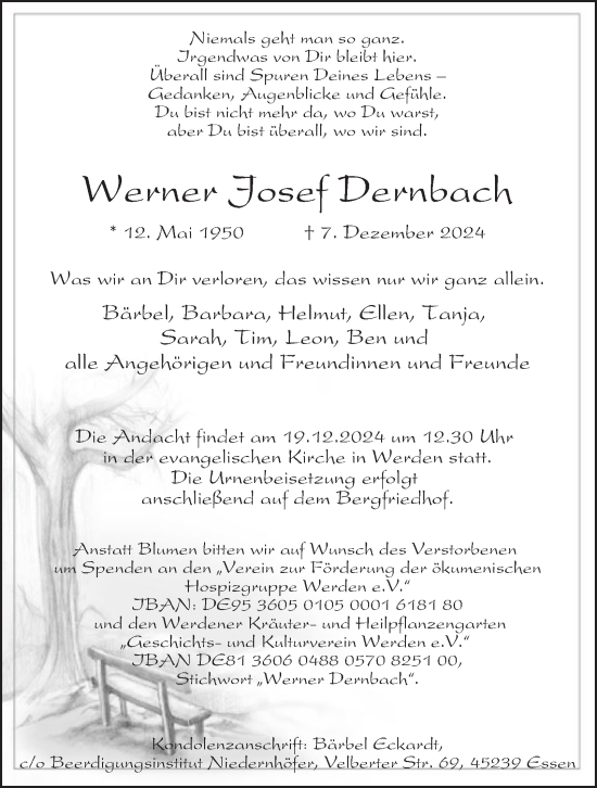 Traueranzeige von Werner Josef Dernbach von Tageszeitung