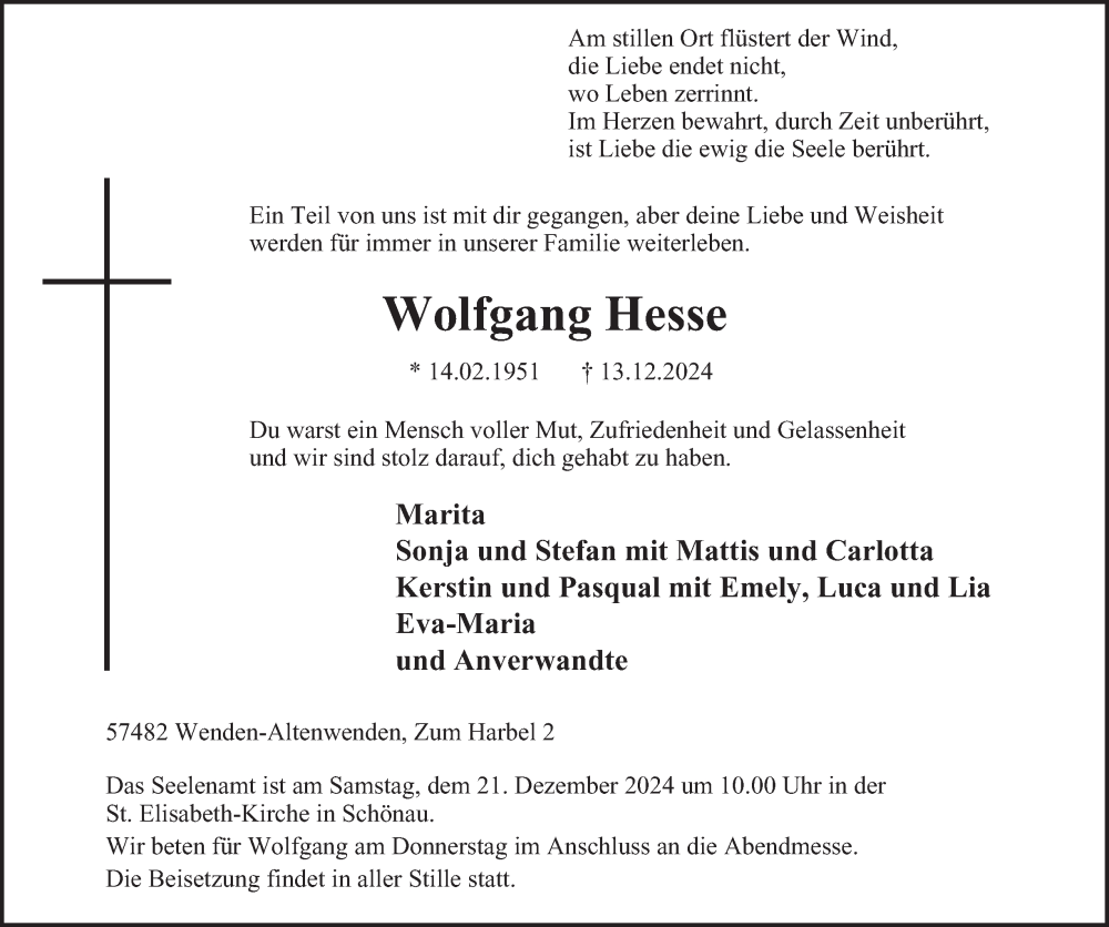  Traueranzeige für Wolfgang Hesse vom 18.12.2024 aus Tageszeitung
