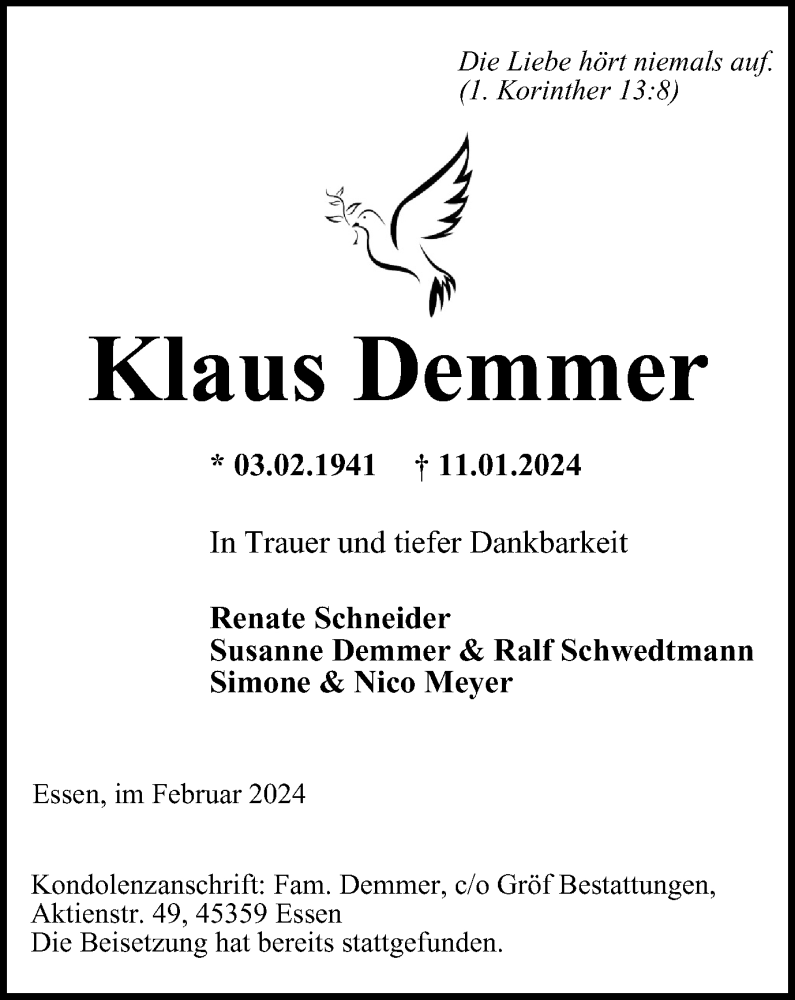  Traueranzeige für Klaus Demmer vom 10.02.2024 aus FUNKE Medien NRW GmbH
