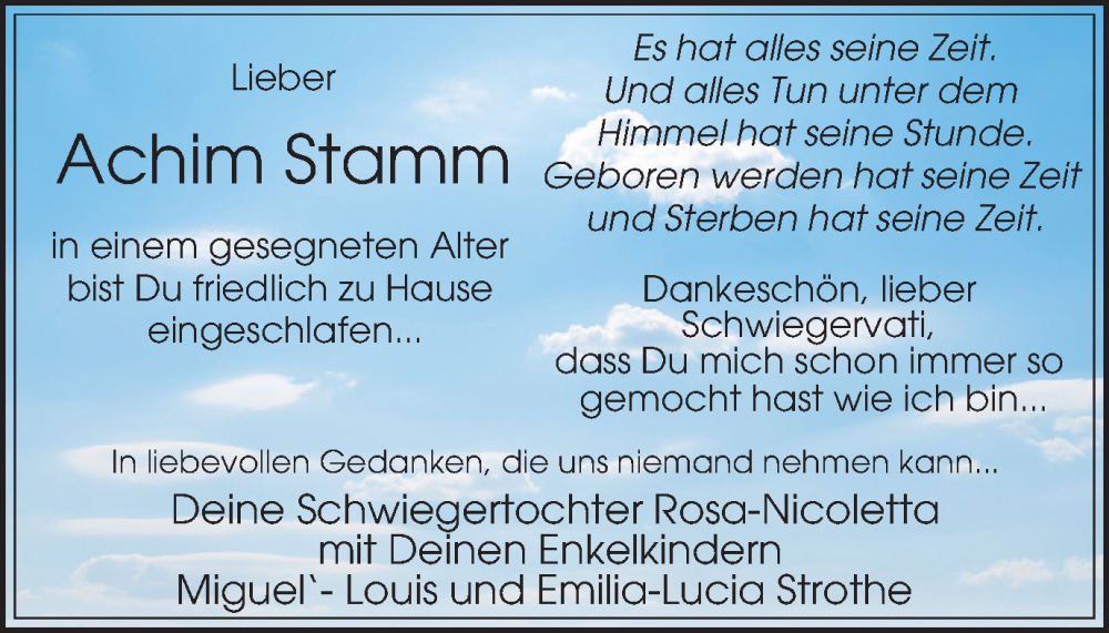  Traueranzeige für Achim Stamm vom 24.02.2024 aus Tageszeitung
