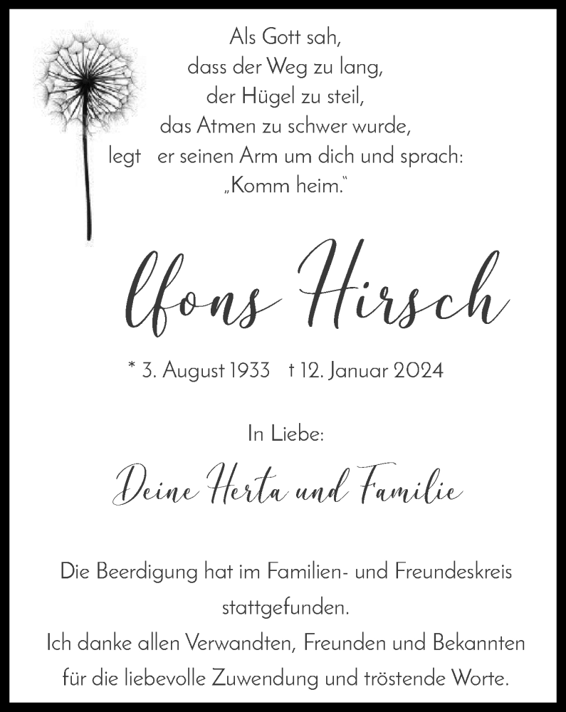  Traueranzeige für Alfons Hirsch vom 24.02.2024 aus Tageszeitung